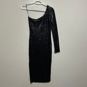 Fashion Nova Women's Dress Junior's S Black Sequin One Shoulder Long Sleeve Mini